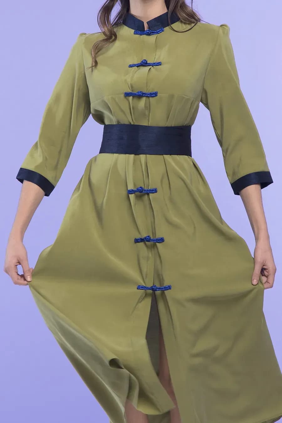 LEANDRA DRESS IN STRIPED GREEN AND LIGHT BLUE SILK